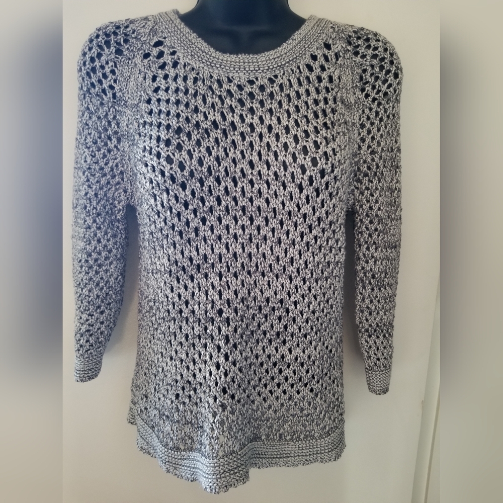 KENSIE Silver Grey Shimmer Open Knit Sweater Boho Pullover M